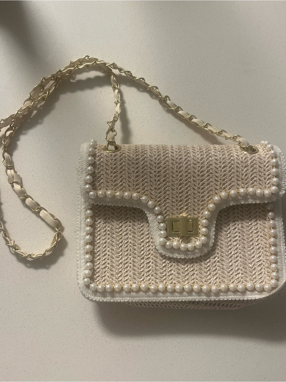 Pearl-Trim Woven Crossbody Bag in Cream